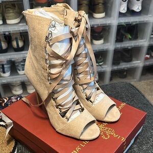 Elegant Beige Lace-Up Ankle Boots